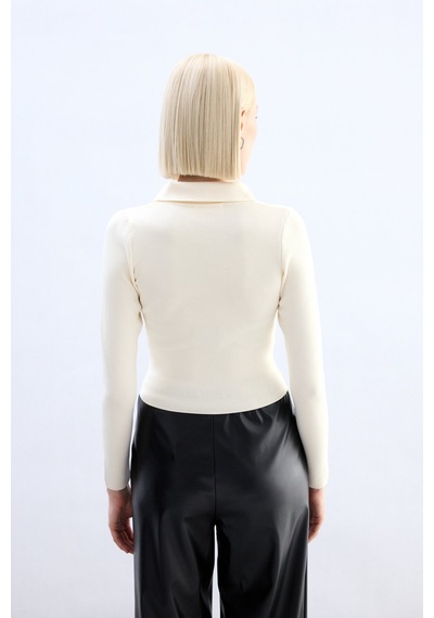 Sateen Polo Yaka Triko - Ekru-132061 Ekru