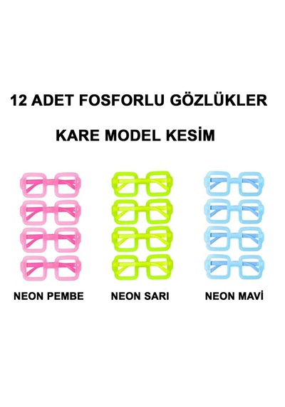 Lunaev Fosforlu Kare Model Glow Parti Gözlüğü Karanlıkta Yanan Gözlükler 12 Adet "
