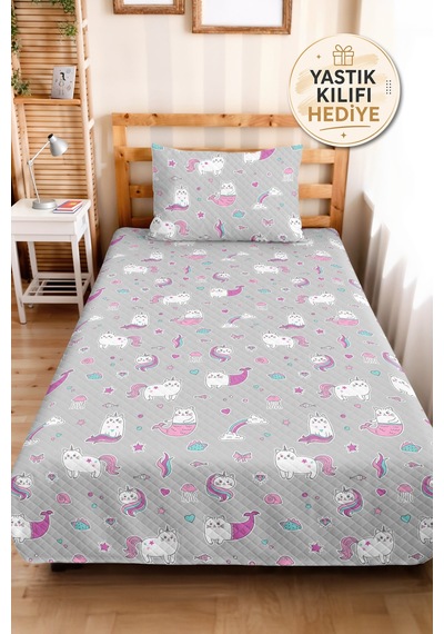 Evimde Bambaşka Gri Unicorn Kız Çocuk Pike Takımı - Pastel Pembe Mint Bebek Odası Mevsimlik Yatak Örtüsü-160x220  CM