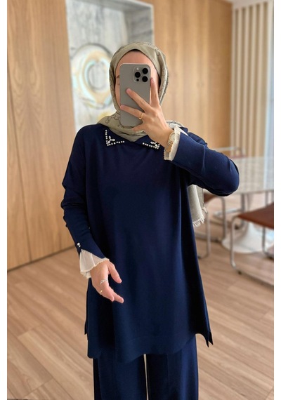 Ka Hijab Kolu Tüllü Merserize Takım - Lacivert