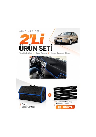 Fıat Siena 1999-2005 Uyumlu Torpido Örtüsü + Deri Bagaj Çantası + Sticker Seti - Siyah Mavi