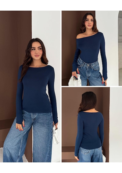 Elaxi Kadın Kayık Yaka Parmak Geçmeli Uzun Kollu Full Likralı Pamuk Viskon Buzzy Body Tişort Lacivert Elaxi Kadın Kayık Yaka Parmak Geçmeli Uzun Kollu Full Likralı Pamuk Viskon Buzzy Body Tişort Lacivert