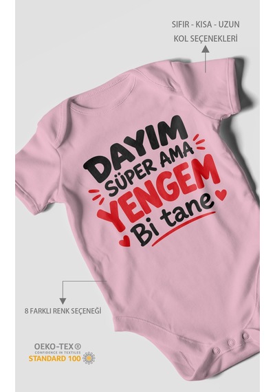 Morivokids Dayım Süper Ama Yengem Bi Tane Kısa Kollu Bebek Body %100 Pamuk Koyu Pembe