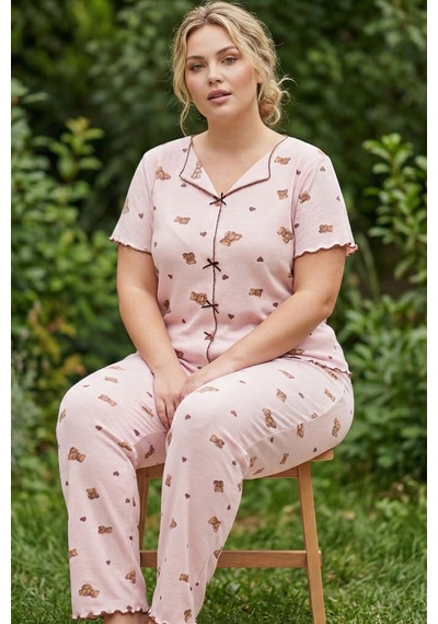 Siyah İnci Beden Fitilli Kaşkorse Örme Pijama Takım26120851 Pembe Ayıcık