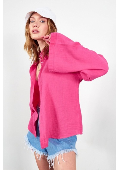 Manche Fuşya Kolları Salaş Yıkamalı Müslin Oversize Rahat Kalıp Kadın Basic Gömlek Mks166881-01-6881 Manche Fuşya Kolları Salaş Yıkamalı Müslin Oversize Rahat Kalıp Kadın Basic Gömlek Mks166881-01-6881