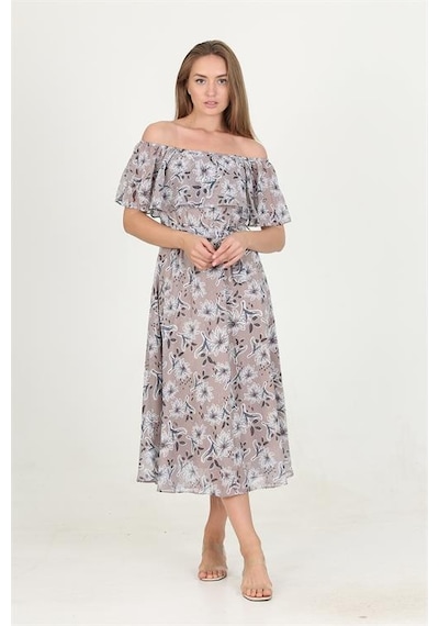 Neşeli Butik Kadın Madonna Yaka Kuşaklı Desenli Şifon Elbise Ry10037 Vizon