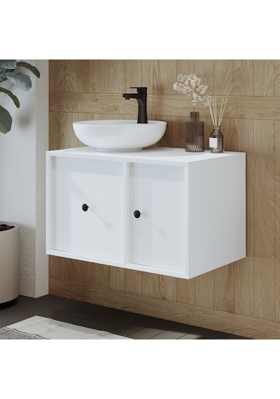 Gusto Ayaksız Oval Lavabolu Mdf 75 Cm Çekmeceli Banyo Dolap Beyaz Mat Beyaz