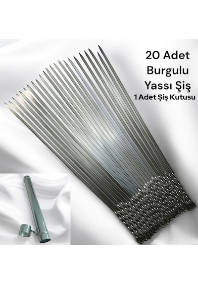 20 Adet Yassı Mangal Şişi,patlıcan Domates Sebze Tavuk Kanat Şişi, 50 Cm Yassı Şiş,1 Şiş Kutusu