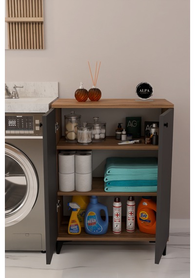 Çok Amaçlı Banyo & Çamaşır Odası Dolabı, Ayarlanabilir Raflı, Kapaklı Modern Banyo Dolabı Atlantik Çam - Antrasit