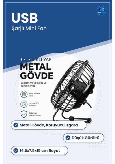 Masaüstü Mini Fan Usb Şarjlı Metal Gövde 14.5x7.5x15 Cm Sessiz Ta
