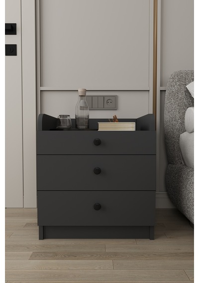 Modern 3 Çekmeceli Komodin Şifonyer %100 Mdf Çok Amaçlı Organizer Kmd01 Antrasit