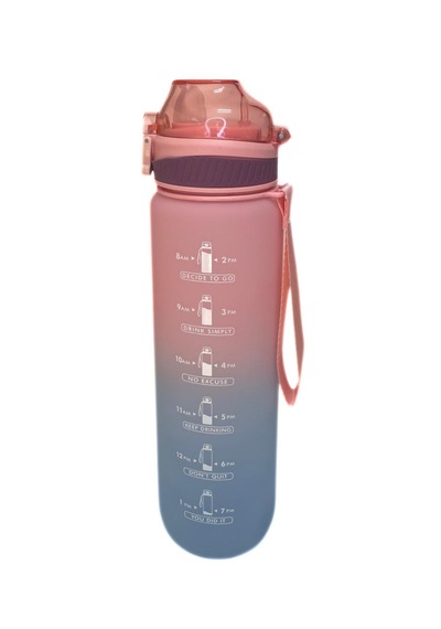 1000 Ml Plastik Motivasyon Matarası Pipetli, Kilitli Ve Taşıma Kulplu Açık Pembe - Mavi