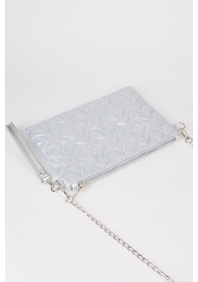 Vivaq Kadın Gümüş Simli Yıldız Nakışlı Suni Deri Bilek Ve Zincir Askılı Portföy El Ve Clutch Çanta