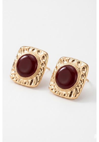Gold Dörtgen Vintage Bordo Mineli Küpe Renkli