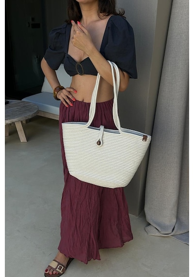 Shule Bags Vossa Handmade Düğmeli Hasır Omuz Çantası Krem Krem