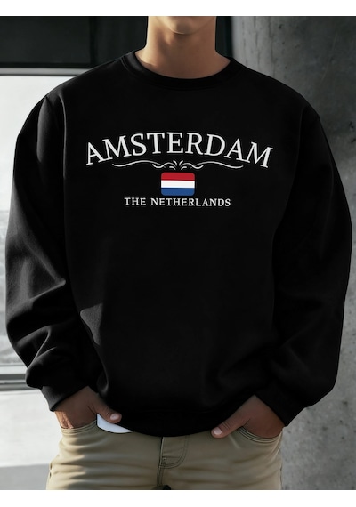 Startmore Tarzsokak Amsterdam Hollanda Baskılar Erkekler Polar Hip Hop Spor Uzun Kollu Bisiklet Yaka Gevşek Kazak Siyah