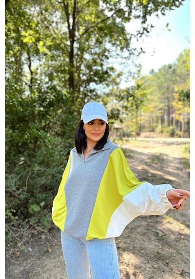 WeShaya Kadın Gri Polo Yaka, Uzun Yarasa Kol, Lastikli Manşet, Asimetrik Color Block, Salaş Sweatshirt Bluz Gri