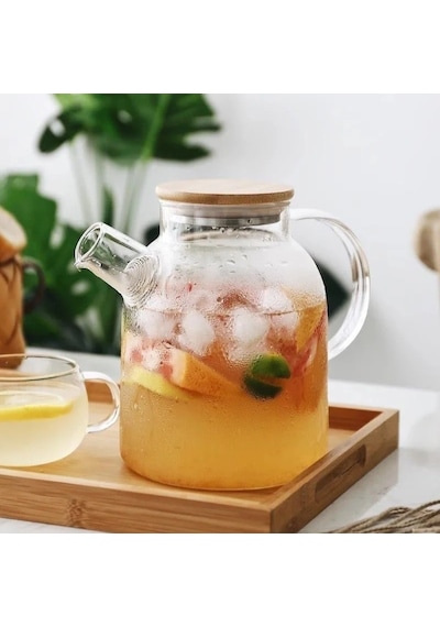 Reoona Borosilikat Cam Bambu Kapaklı Bitki Çayı Demliği & Sürahi 1500 Ml Şeffaf