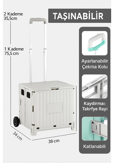 Valkyrie Katlanabilir İki Tekerlekli Alışveriş Ve Depolama Çantası Kapaklı Teleskopik Çekme Kolu Kamp Plaj Çok Amaçlı Beyaz