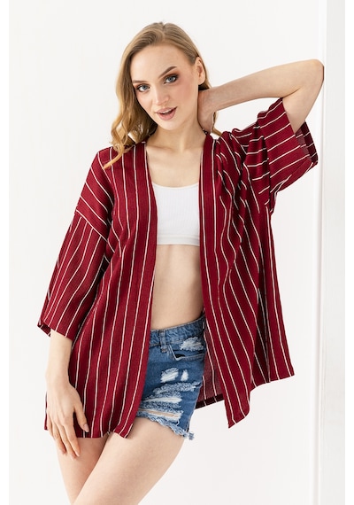 Giysa Kadın Yarım Kol Çizgili Bürümcük Kimono Bordo - 254406 Bordo