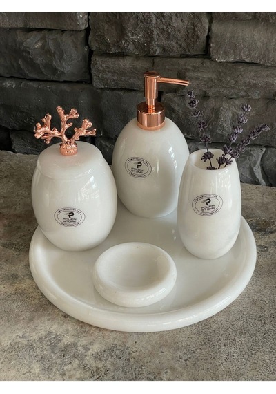Beyazı Mermer Rose Gold Mercan Aksesuarlı Oval 5,li Banyo Seti Beyaz