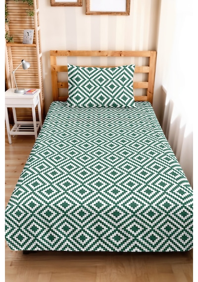 Yeşil Geometrik Genç Odası Tek Kişilik Pike Takımı - Modern Beyaz 160x220 Cm Kapitone Yatak Örtüsü Kavrulmuş Eşik Sarmalı