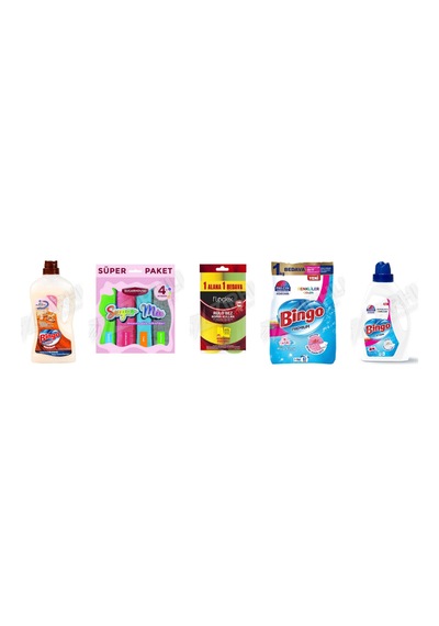 Bingo Ahşap Tem. 1 L + Temzilik Bezi 4'lü + Flodex Rulo Kopar Bez +renkliler Toz 8 Kg + Amber Sıvı Det. 1755 Ml 5'li Set Çok Renkli