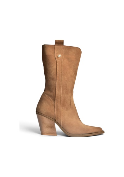 Fox Shoes Z654940161 Vizon Hakiki Deri Süet Kalın Topuklu Western Kadın Çizme