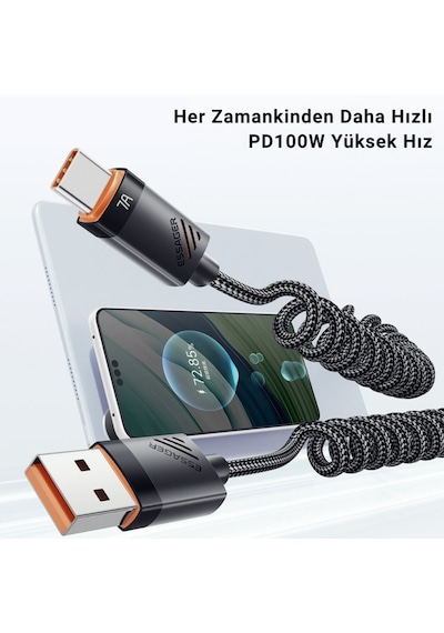 Essager Pd 100w 7a Usb To Type-c 1.2m Yaylı Spiral Data Ve Hızlı Şarj Kablosu, Kopmaz, Karışmaz Kablo