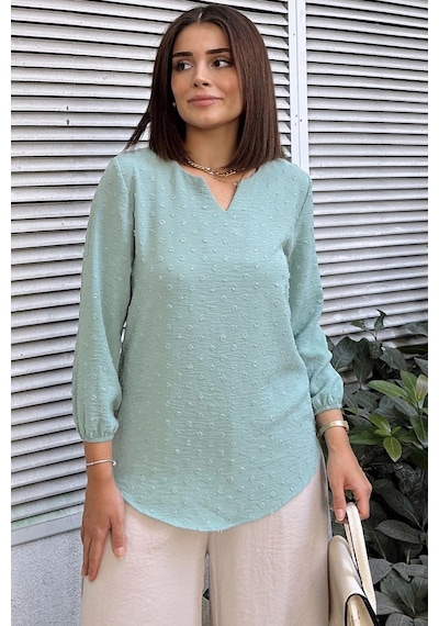 WeShaya Mint Uzun Truvakar Kol, Öpücük Yaka, Ponponlu Kumaş Basic Kesim Bluz - Tesettüre Uygun Mint WeShaya Mint Uzun Truvakar Kol, Öpücük Yaka, Ponponlu Kumaş Basic Kesim Bluz - Tesettüre Uygun Mint