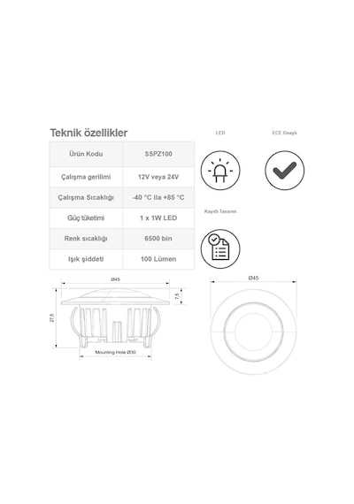 Sanel Power Spot Led Lamba 12-24v1w Beyaz Sspz100w