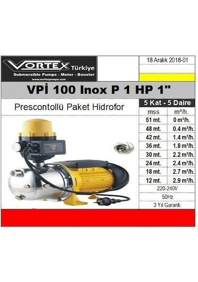 Vortex Vpı 100 Inox 1 Hp Çelik Fanlı Jet Prescontrollu Hidrofor