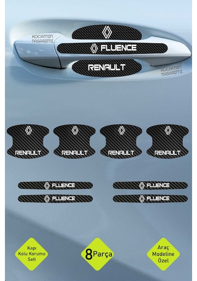Araç Modeline Özel Renault Fluence Karbon Kapı Kolu Koruma Seti Beyaz Yazılı 8 Parça Şık Tasarım