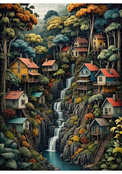 Nova Puzzle 1000 Parça Ağaçların Gölgesindeki Huzur Puzzle - Ağaçlar Arasındaki Evler