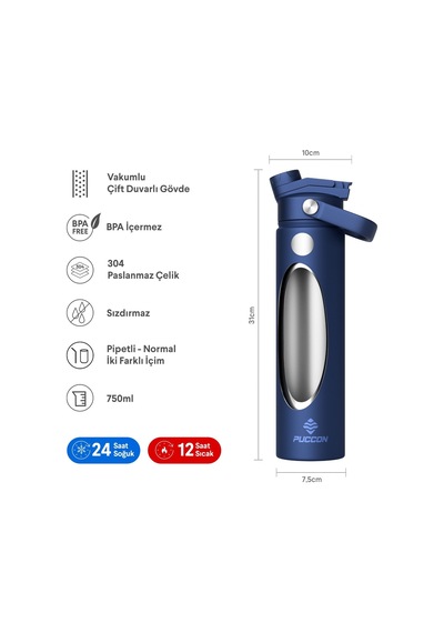Puccon 750 Ml Lacivert Paslanmaz Çelik Termos/matara/suluk