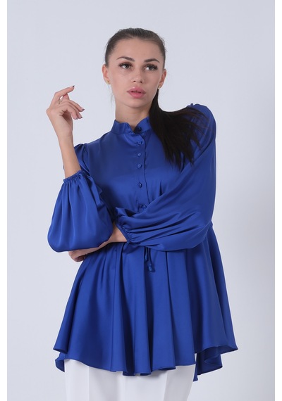 Feminist Saks Kolu Lastikli Belden Bağlamalı Saten Tunik 44510418.26 Saks