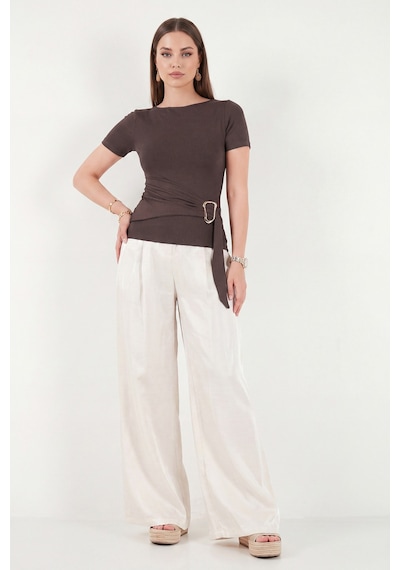Lela Toka Detaylı Fitted Fit Kayık Yaka Bluz Bayan Bluz 5862707 Kahve