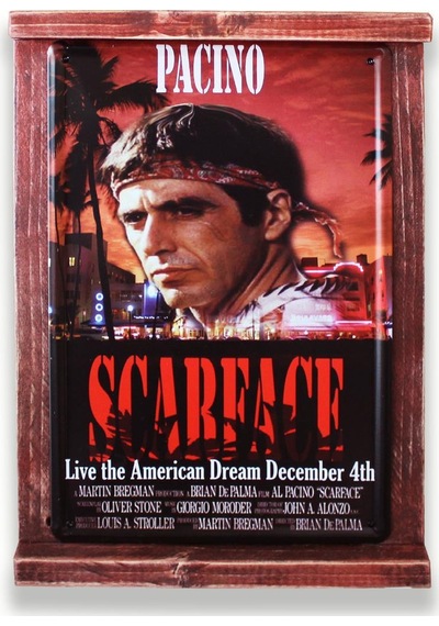 Rustik Ahşap Çerçeveli Vintage Metal Pano Scarface 20x30