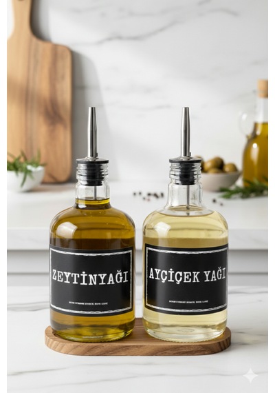 Ava Ahşap Stantlı 2'li Cam Yağdanlık Seti Ayçiçek Yağı Ve Zeytin Yağı Şişesi 500 Ml Şeffaf