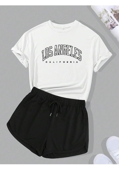 Harmandar Kadın Los Angeles Baskılı T-shirt Şort Takım Beyaz-siyah