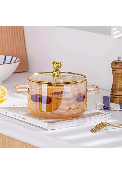 Qerhome Borosilikat Cam Ayıcıklı Teddy Tencere 1700 Ml Amber Amber