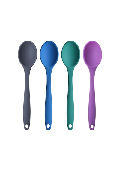 Silikon Büyük Boy Kaşık Seti, Yanmaz Yapışmaz, Çok Renkli - Antrasit, Mavi, Yeşil, Mor - 27 Cm, 4 Adet Set, Bpa