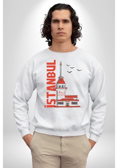 İstanbul Kız Kulesi Türkiye Unisex Beyaz Sweatshirt Beyaz