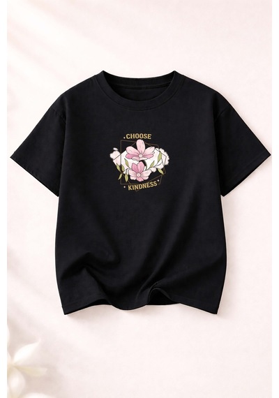 Herkesemoda Choose Kındness Baskı Detaylı Kadın Bisiklet Yaka Pamuklu T-shirt Siyah