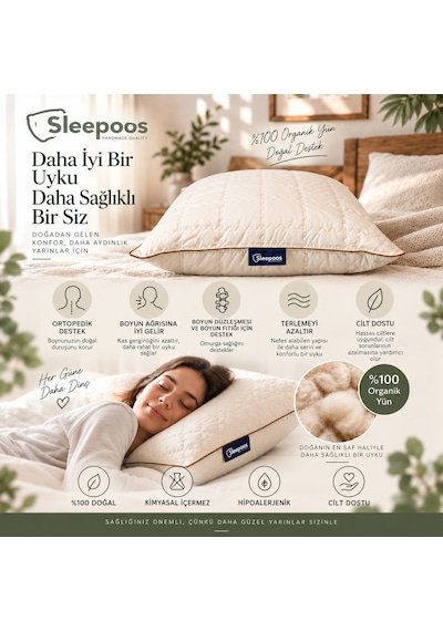Sleepoos %100 Organik Yün Yastık 50 x 70