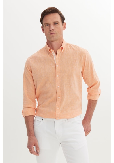 AC&Co / Altınyıldız Classics Erkek Turuncu Pamuklu Keten Comfort Fit Rahat Kesim Düğmeli Yaka Armürlü Gömlek Turuncu