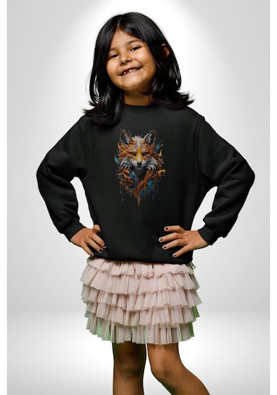 Renkli Sulu Boya Kurt Yapay Zeka Tasarımı Unisex Siyah Baskılı Sweatshirt Siyah