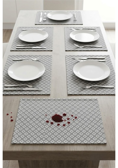 Kumaş Supla Takımı 6 Adet Tabak Altlığı Gri Çiçek Desenli Dikişli Amerikan Servis 35x45 Cm