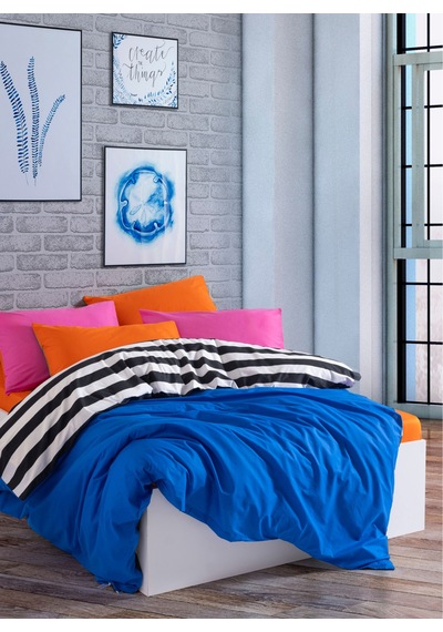 Cozy Home Popping Colors Çift Kişilik Lastikli Çarşaflı Nevresim Takımı Dusk Mavi 180x200