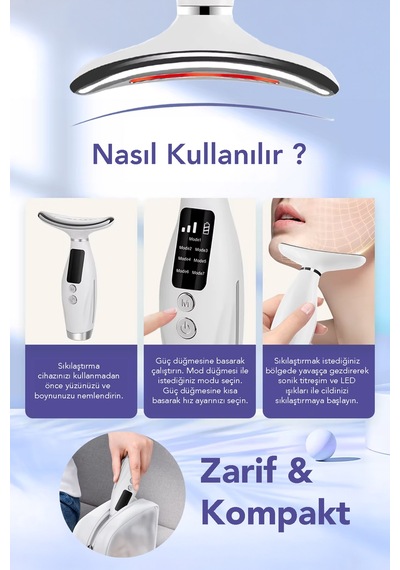 Boyun Ve Yüz Masaj Cihazı - 7 Modlu Led Işıklı Titreşimli Gıdık Sarkma Kırışıklık Güzellik Cihazı Beyaz